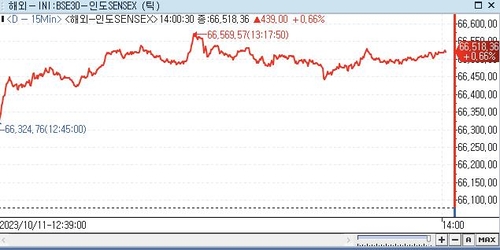 印 SENSEX지수, 0.66%↑ 66,518.36 (14:00)_권하연