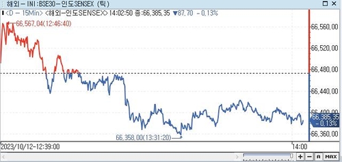 印 SENSEX지수, 0.13%↓ 66,385.35 (14:00)_권하연