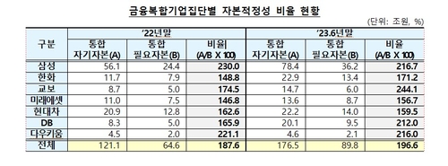 7개 금융복합기업집단 자본적정성 비율 197%…반년새 9%↑_정원