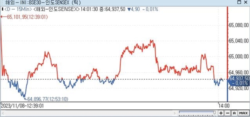 印 SENSEX지수, 0.01%↓ 64,937.50 (14:00)_권하연