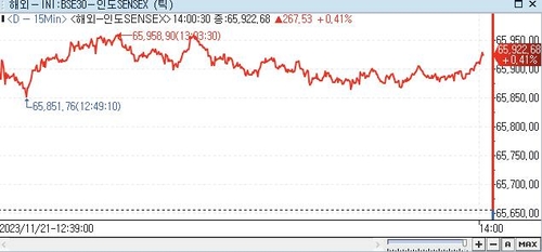 印 SENSEX지수, 0.41%↑ 65,922.68 (14:00)_권하연