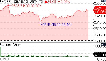 뉴욕증시 훈풍에 코스피 장 초반 오름세…2,520선_온다예