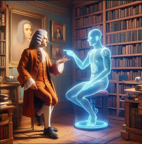 마이크로소프트(MS)의 Copilot에 볼테르와 마주 보는 그림을 그려달라고 했다