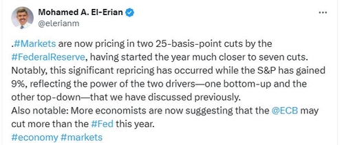 엘-에리언 "연준, 25bp씩 두차례 인하…ECB가 더 많이 내릴 수도"_윤시윤