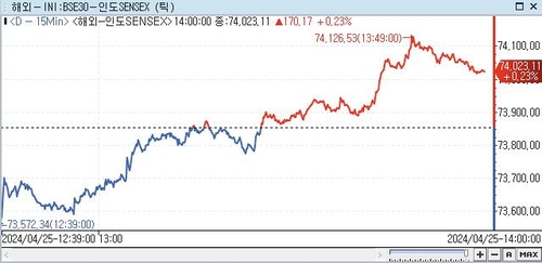 印 SENSEX지수, 0.23%↑ 74,023.11 (14:00)_전선정