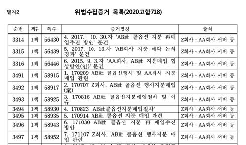 1심 판결문에 첨부된 위법수집 증거 목록. 리스트가 143페이지에 달한다.