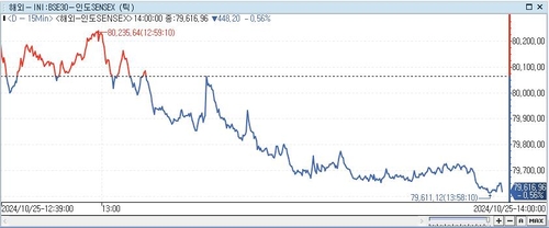 印 SENSEX지수, 0.56%↓79,616.96 (14:00)_이지윤