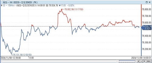 印 SENSEX지수, 0.02%↓ 79,524.76 (14:00)_이지윤