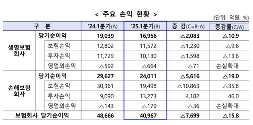 올해 1분기 보험사 당기순익 7천699억 감소…보험손익 악화_이윤구