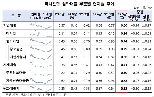 국내은행 6월 말 원화대출 연체율 0.52%…전월 말比 0.12%p↓_윤슬기