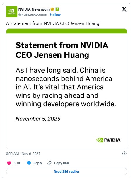 젠슨 황, AI 경쟁서 중국이 미국 제칠 것이라던 발언 수위 낮춰_윤정원