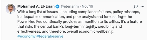엘-에리언 "파월의 연준, 비판의 빌미 제공해 경제 안정성에 위험 초래"_김지연