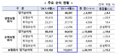 보험사 올해 3분기 누적 순익 11.3조·15.2%↓…보험손익 악화_이윤구