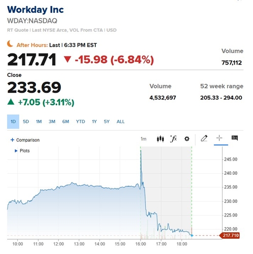워크데이, 실적 가이던스 실망에 시간외서 6% 하락_이장원