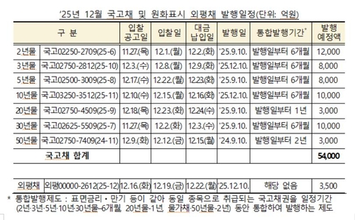 12월 국고채 5.4조 경쟁입찰 발행…바이백 1조_노현우