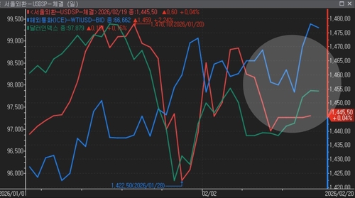 달러-원 환율, 달러인덱스, 서부텍사스산원유(WTI) 일별 추이