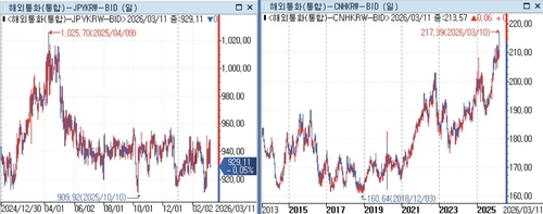 엔-원 재정환율, 위안-원 환율 일별 그래프