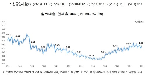 1월 말 국내은행 원화대출 연체율 0.56%…전월말比 0.06%p↑_윤슬기