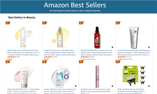 스페인 아마존 홈페이지 뷰티 부문 베스트셀러. 1, 2, 5위에 달바글로벌 제품.
