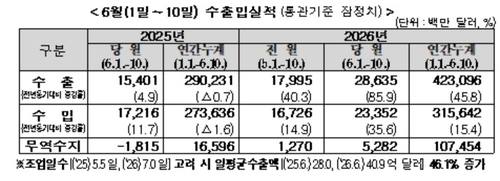 6월 1~10일 수출 85.9%↑…일평균 수출 46.1% 증가(종합)_박준형