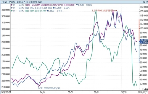 마이크론(자주), 샌디스크(파랑), IBM(녹색) 주가 추이