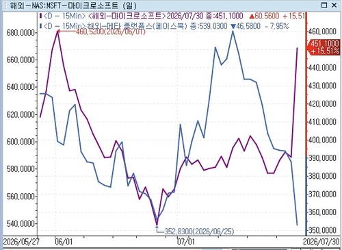 마이크로소프트(자주)와 메타 주가 추이