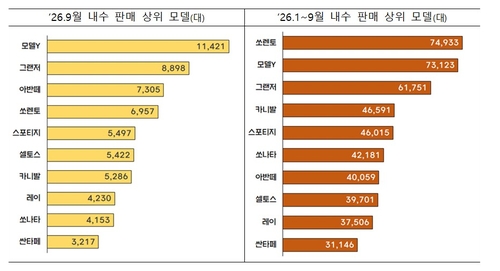 자동차 내수 판매량 모델별 순위