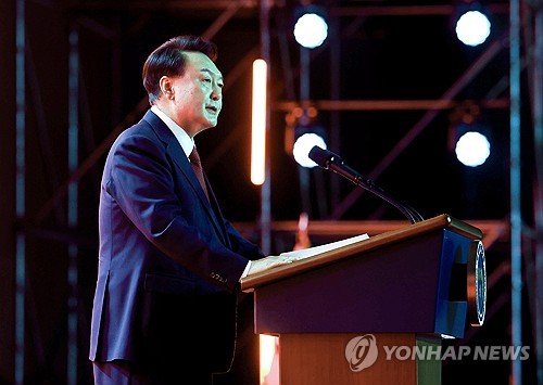 (고양=연합뉴스) 김주성 기자 = 윤석열 대통령이 23일 오후 경기도 고양시 킨텍스에서 열린 국민의힘 제4차 전당대회에서 축사하고 있다.  2024.7.23  [공동취재] utzza@yna.co.kr