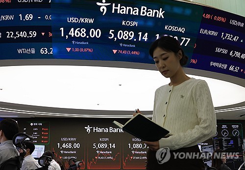 (서울=연합뉴스) 최재구 기자 = 6일 서울 중구 하나은행 본점에서 직원들이 증시와 환율을 모니터하고 있다. 이날 코스피는 개장 직후 급락했으나 지수를 회복해 종가기준 74.43p(1.44%) 내린 5,089.14로 장을 마쳤다. 원/달러 환율은 0.5원 오른 1,469.5원으로 마감했다. 2026.2.6 jjaeck9@yna.co.kr