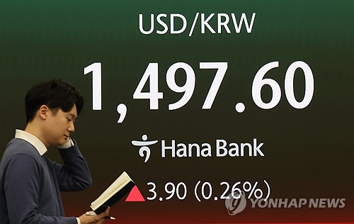 (서울=연합뉴스) 서명곤 기자 = 원/달러 환율이 3.8원 오른 1,497.5원에 거래를 마친 16일 서울 중구 하나은행 딜링룸 전광판에 환율이 표시돼있다. 이날 코스피는 전장보다 62.61포인트(1.14%) 오른 5,549.85로 거래를 마쳤다. 코스닥 지수는 14.67포인트(1.27%) 내린 1,138.29에 장을 끝냈다. 2026.3.16 seephoto@yna.co.kr