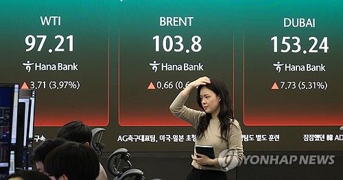 (서울=연합뉴스) 최재구 기자 = 17일 서울 중구 하나은행 본점 딜링룸에 국제유가가 표시되고 있다..2026.3.17 jjaeck9@yna.co.kr