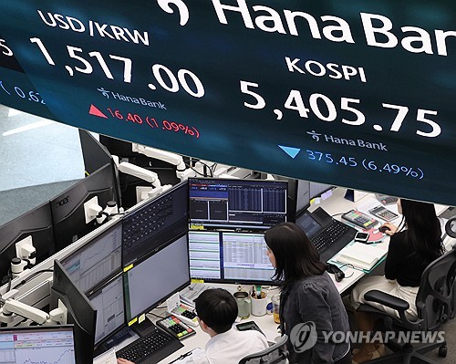 (서울=연합뉴스) 서명곤 기자 = 23일 서울 중구 하나은행 본점 딜링룸 전광판에 환율과 코스피가 표시돼있다. 이날 원/달러 환율은 16.7원 오른 1,517.3원, 코스피는 전장보다 375.45포인트(6.49%) 내린 5,405.75로 거래를 마감했다.  2026.3.23 seephoto@yna.co.kr