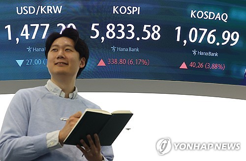 (서울=연합뉴스) 김성민 기자 = 8일 서울 중구 하나은행 본점 딜링룸 현황판에 원/달러 환율, 코스피, 코스닥 지수가 표시되고 있다. 2026.4.8 ksm7976@yna.co.kr