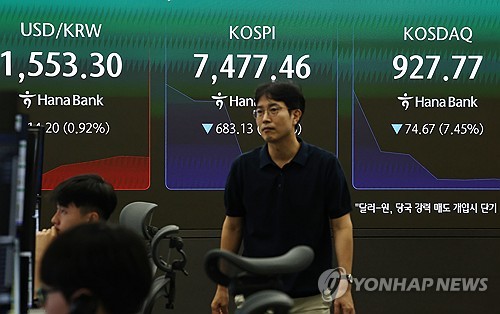 급락장에 코스피 서킷 브레이커가 발동된 8일 서울 하나은행 본점 딜링룸에서 딜러들이 업무를 보고 있다.