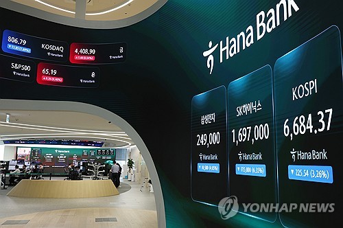 하나은행 딜링룸 전광판에 보이는 주가 표시