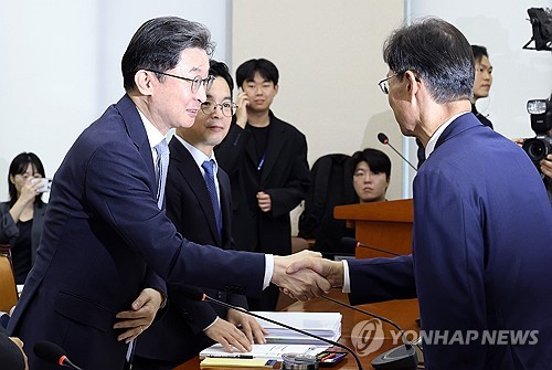 악수하는 국회 정무위원장과 금융위원장